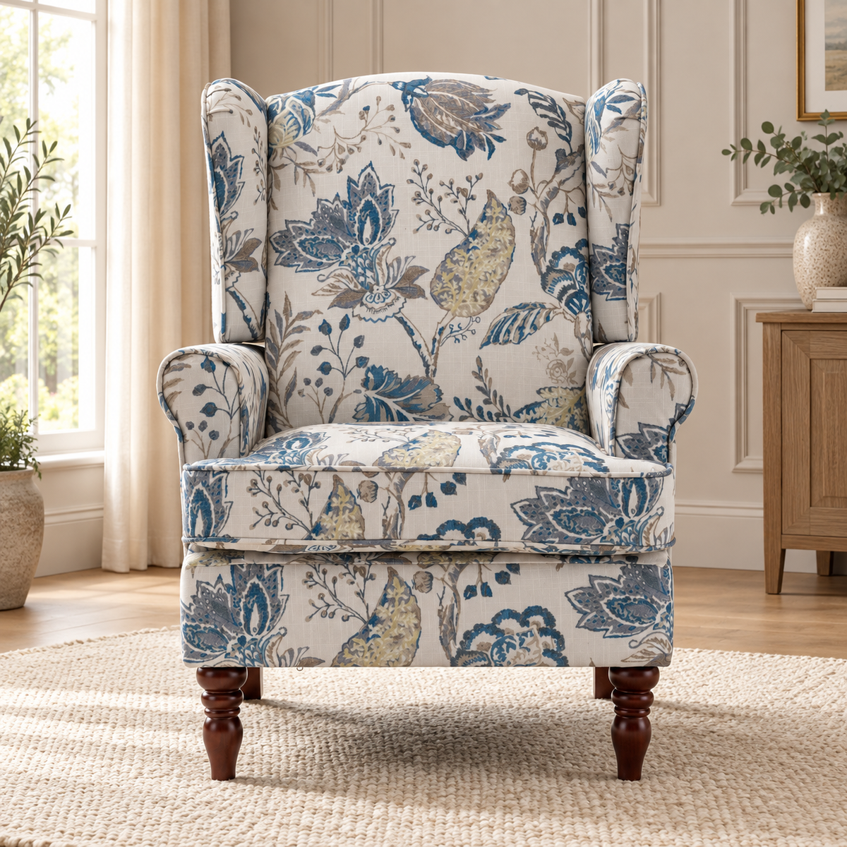 Blue Botanical Wingback Chair