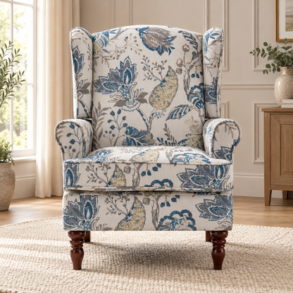 Blue Botanical Wingback Chair