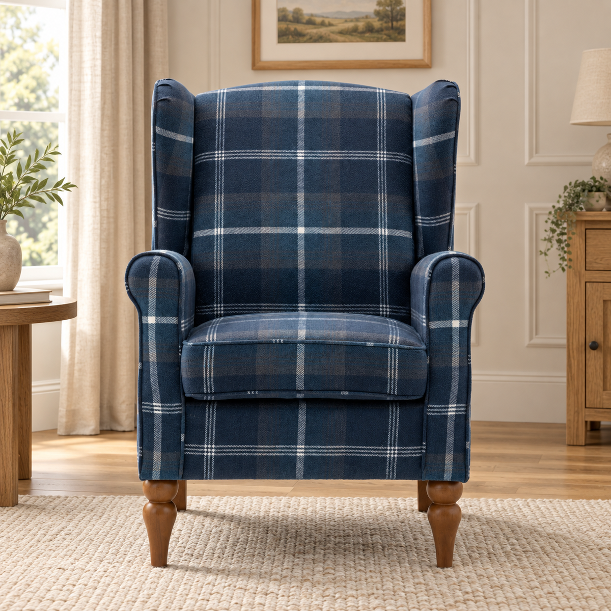 Highland Blue Check Wingback Chair