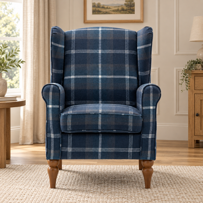 Highland Blue Check Wingback Chair
