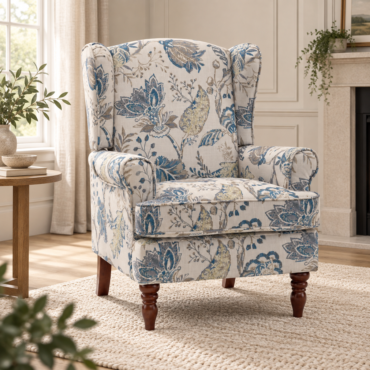 Blue Botanical Wingback Chair