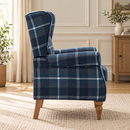 Highland Blue Check Wingback Chair
