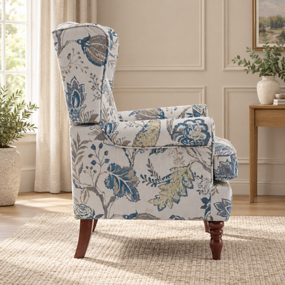 Blue Botanical Wingback Chair