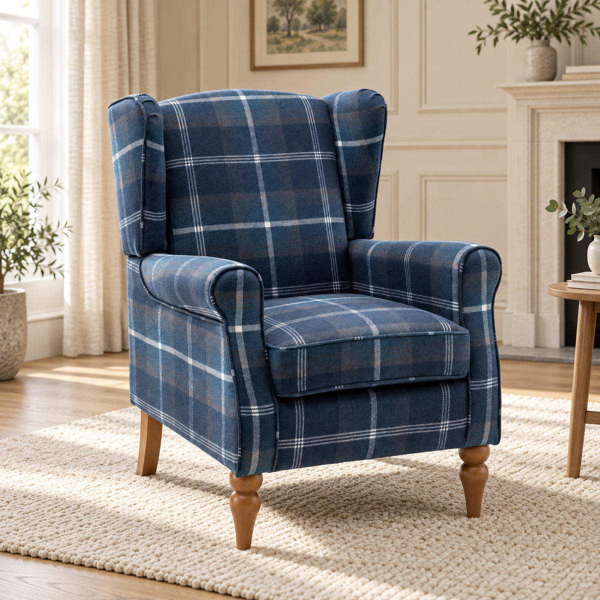 Highland Blue Check Wingback Chair