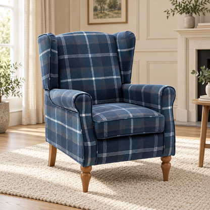 Highland Blue Check Wingback Chair