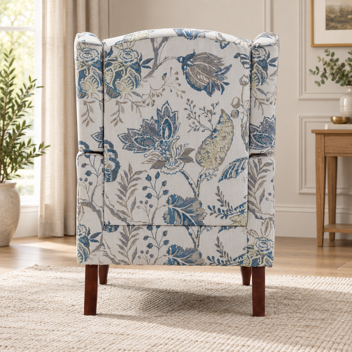 Blue Botanical Wingback Chair