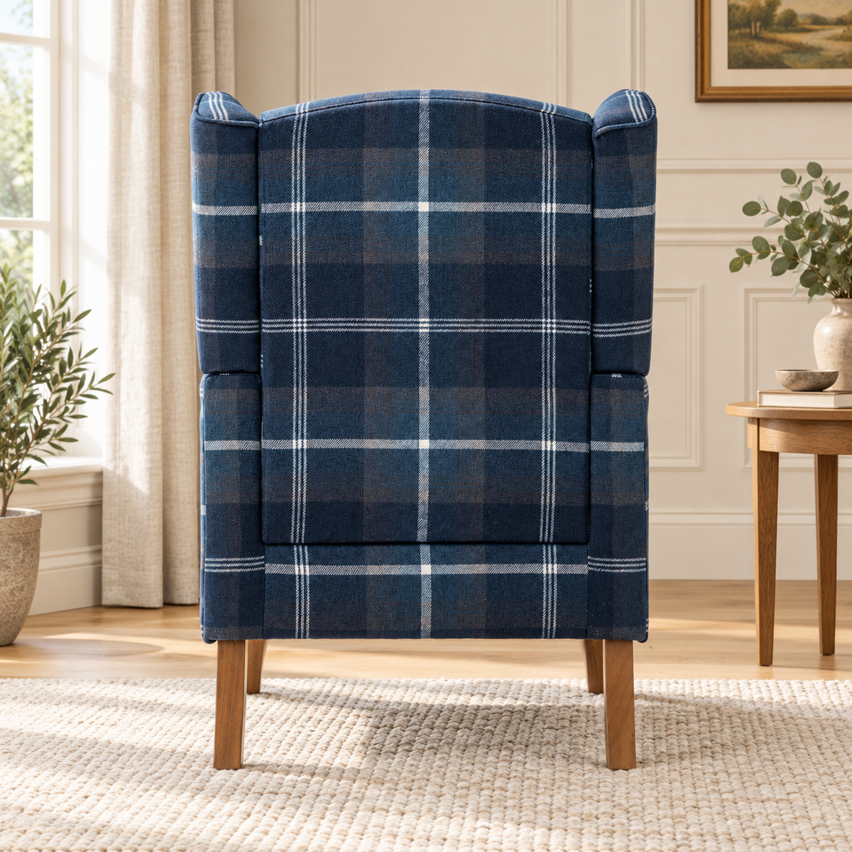 Highland Blue Check Wingback Chair