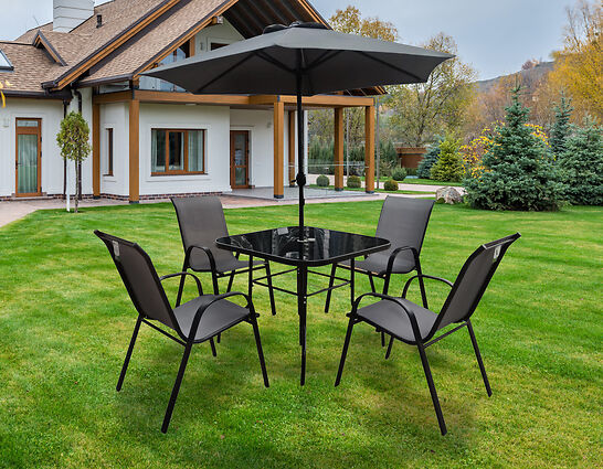 The Lancaster - Black and Grey Metal 4 Seat Garden Dining Set including Parasol - Madefor.Living