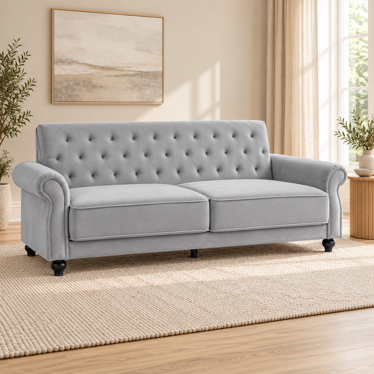 The Kensington Grey Velvet Three-Seater Sofa Bed