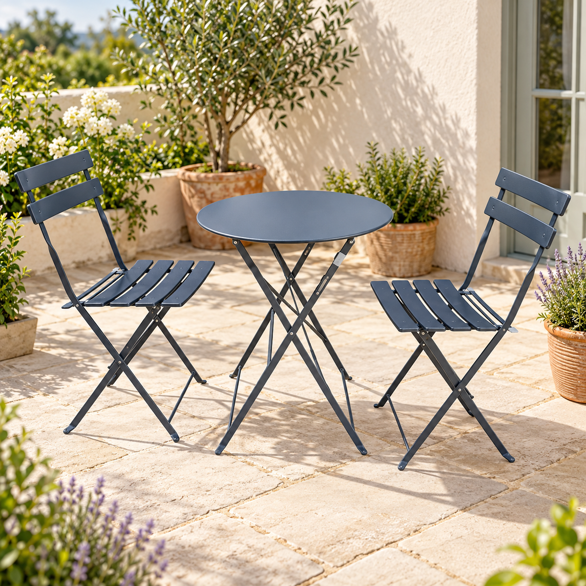 The Sutton-Leach Three-Piece Folding Metal Bistro Set