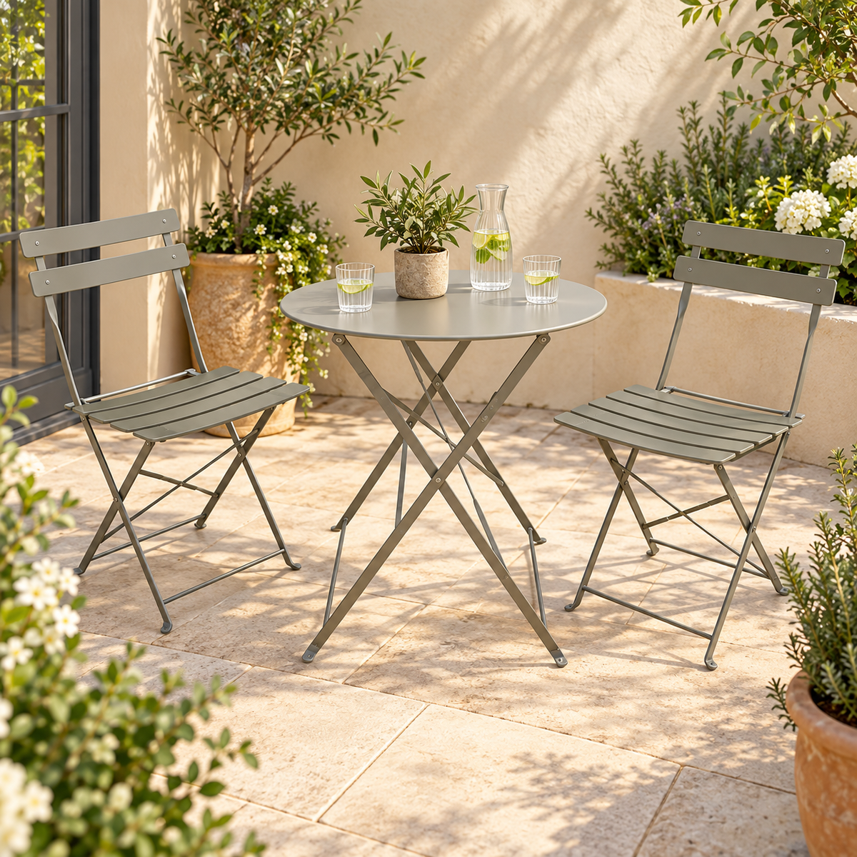 The Sutton-Leach Three-Piece Folding Metal Bistro Set