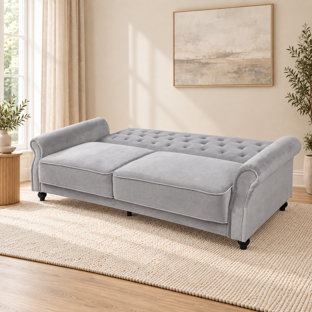 The Kensington Grey Velvet Three-Seater Sofa Bed