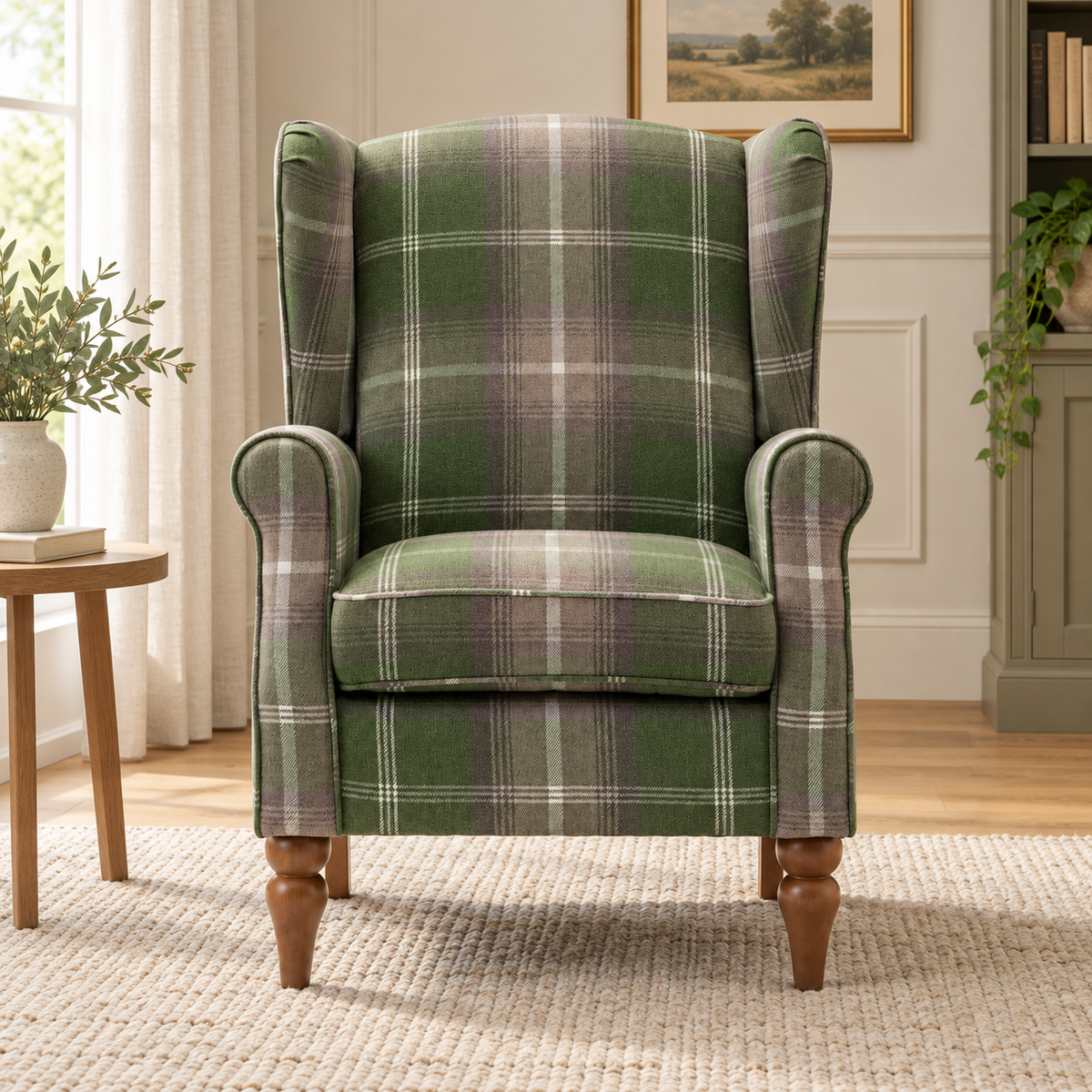 Highland Green Check Wingback Chair