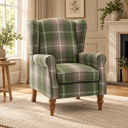 Highland Green Check Wingback Chair