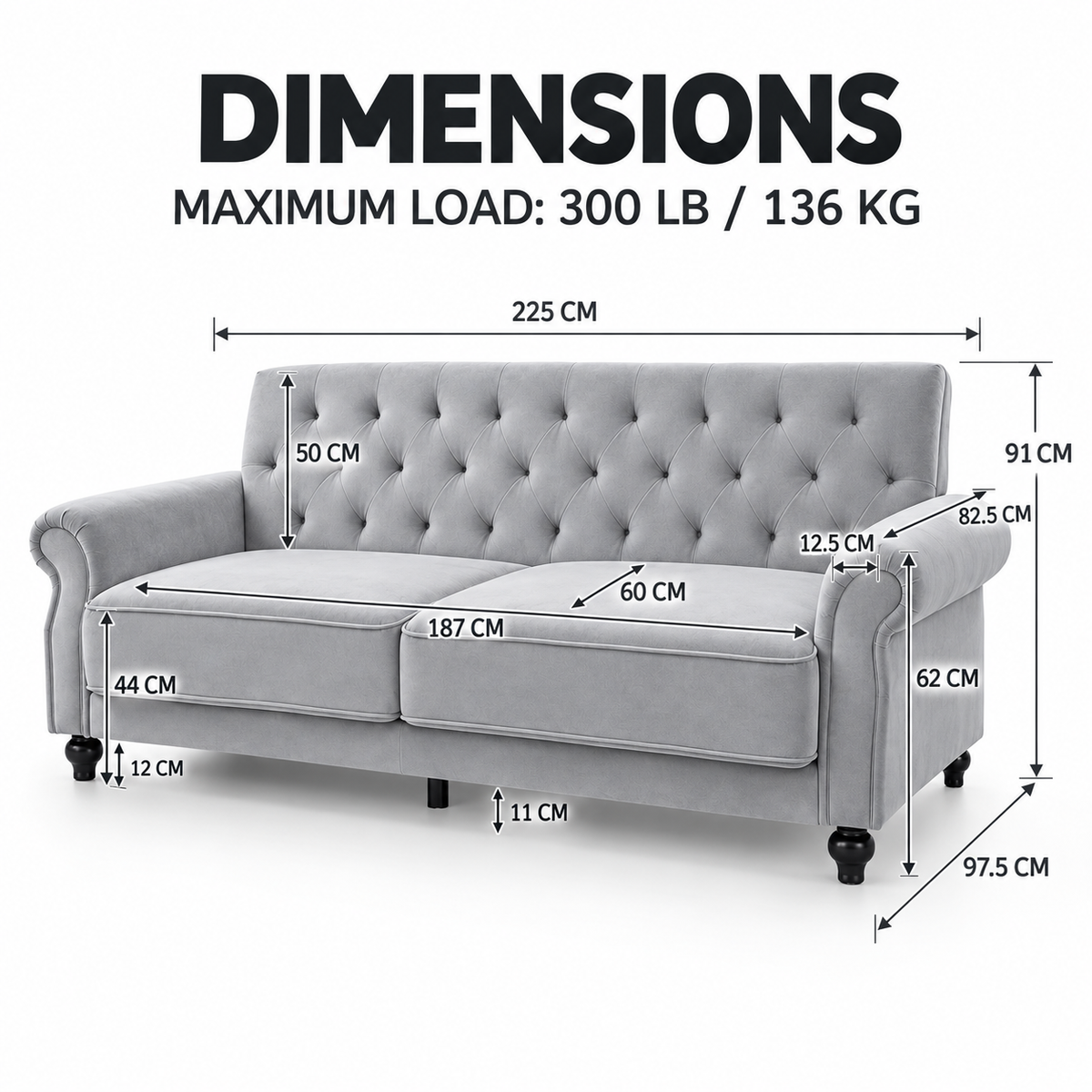 The Kensington Grey Velvet Three-Seater Sofa Bed