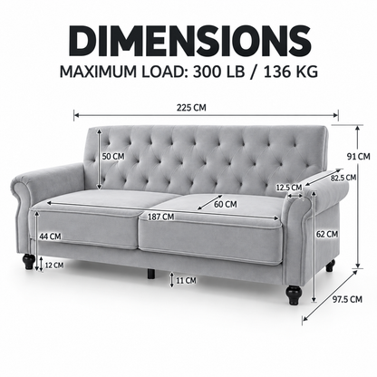 The Kensington Grey Velvet Three-Seater Sofa Bed