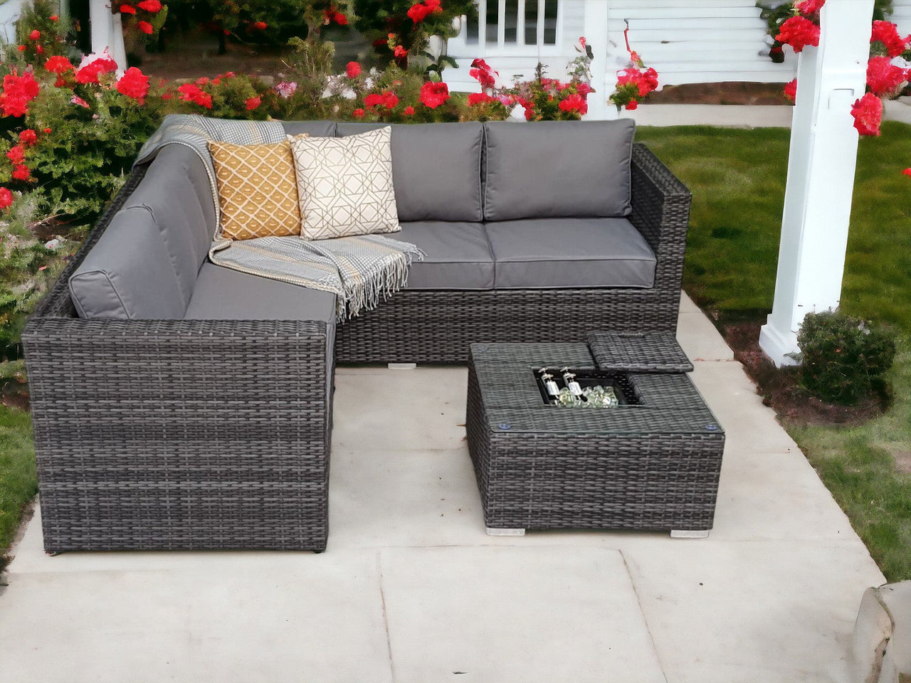 Compton Grey Rattan Garden Furniture 5 Seat Corner Sofa and Ice Bucket Coffee Table Patio Set