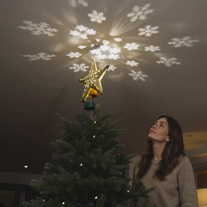 Gold Star Tree Topper — Cut-Out Snowflake Design, Celestial Glow Rotating Star with Remote Control