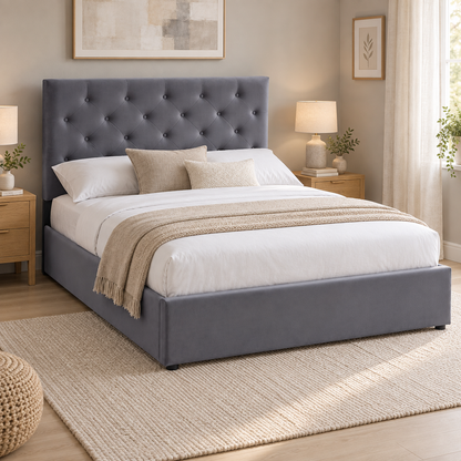 The Siena Grey Velvet King Ottoman Storage Bed