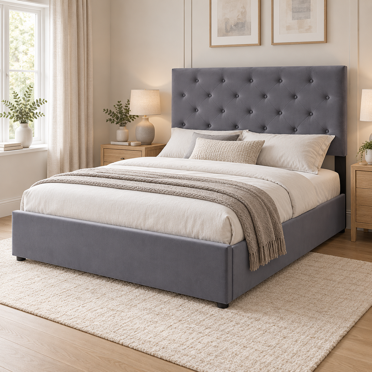 The Siena Grey Velvet Double Ottoman Storage Bed
