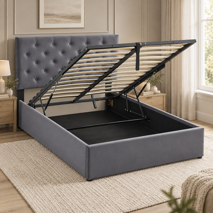The Siena Grey Velvet Double Ottoman Storage Bed