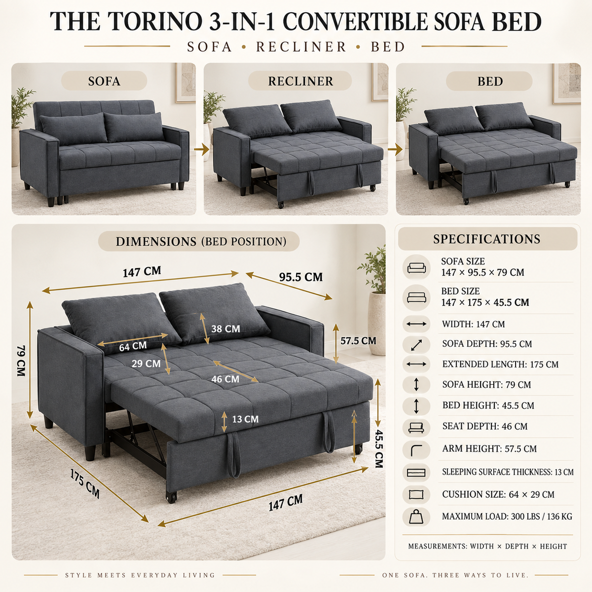The Tate 3-in-1 Convertible Sofa Bed