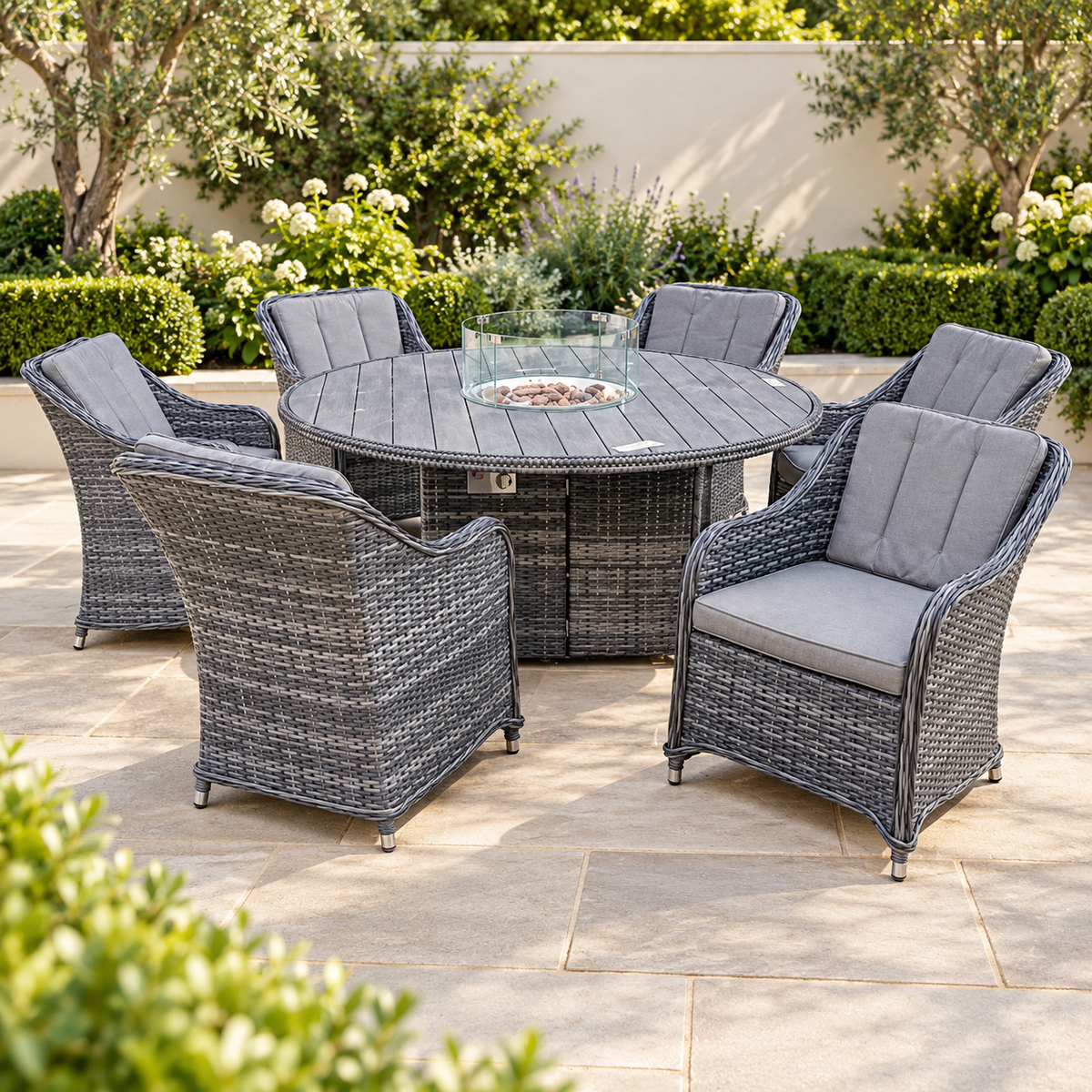 The Windle Six-Seater Rattan Firepit Garden Dining Set
