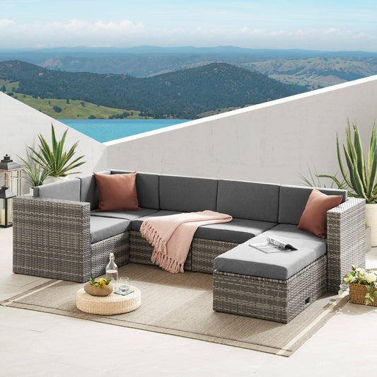The Tatton Grey Rattan Garden Furniture 6 Seat Corner Sofa & Coffee Table Patio Set