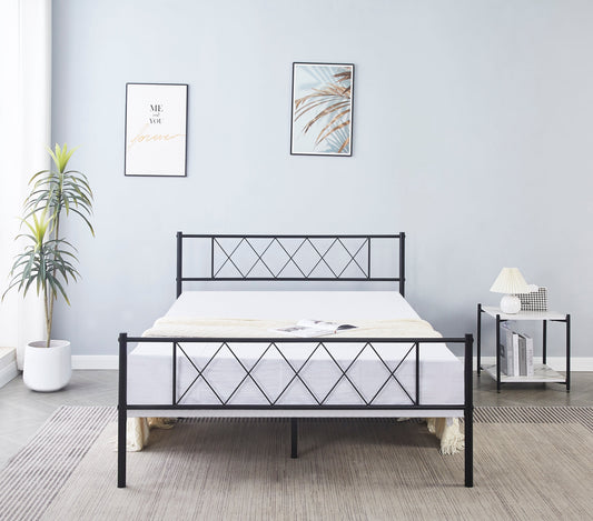 Black Double Metal Cross Bed Frame with High Headboard and Large Storage Space